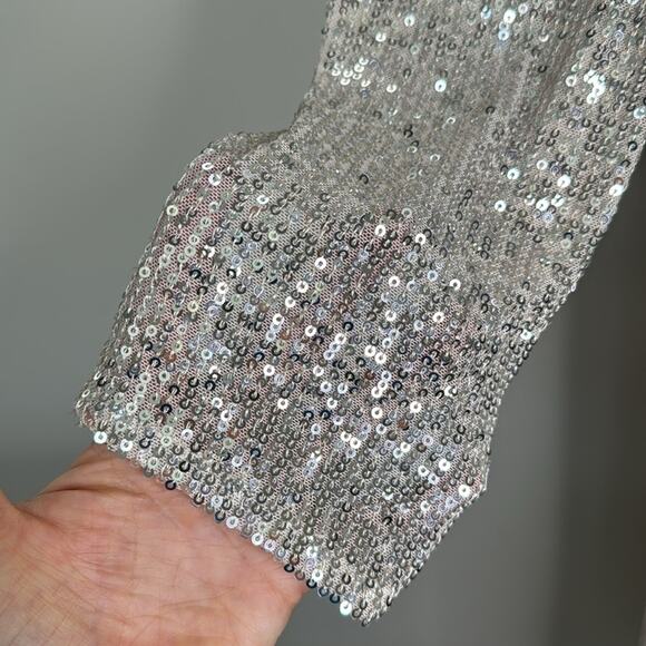 NWT IEENA for MAC DUGGAL Nude Silver Sequin Knotted Long Sleeve Midi Dress Women - Picture 5 of 11